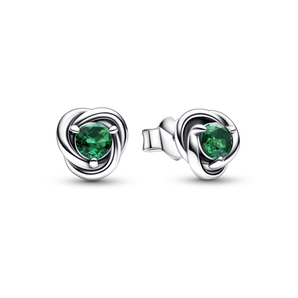 Pandora May Birthstone Silver stud Earrings with Green Emerald Gemstone